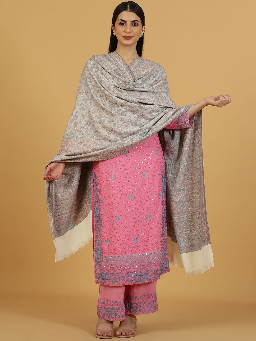 

La Vastraa Women Floral Woven Design Shawl, Off white