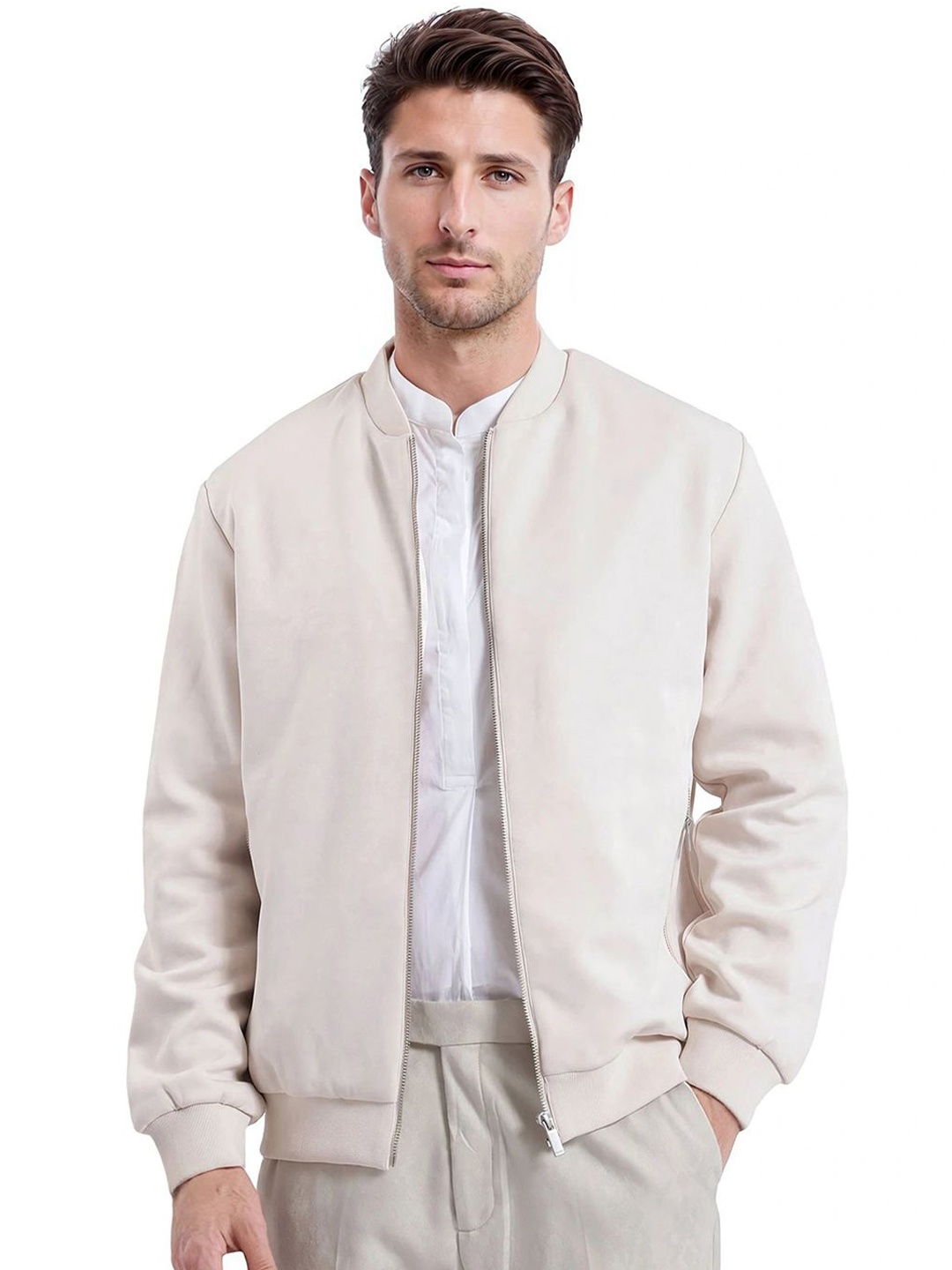 

RARE RABBIT Men Bomber with Patchwork Jacket, Beige