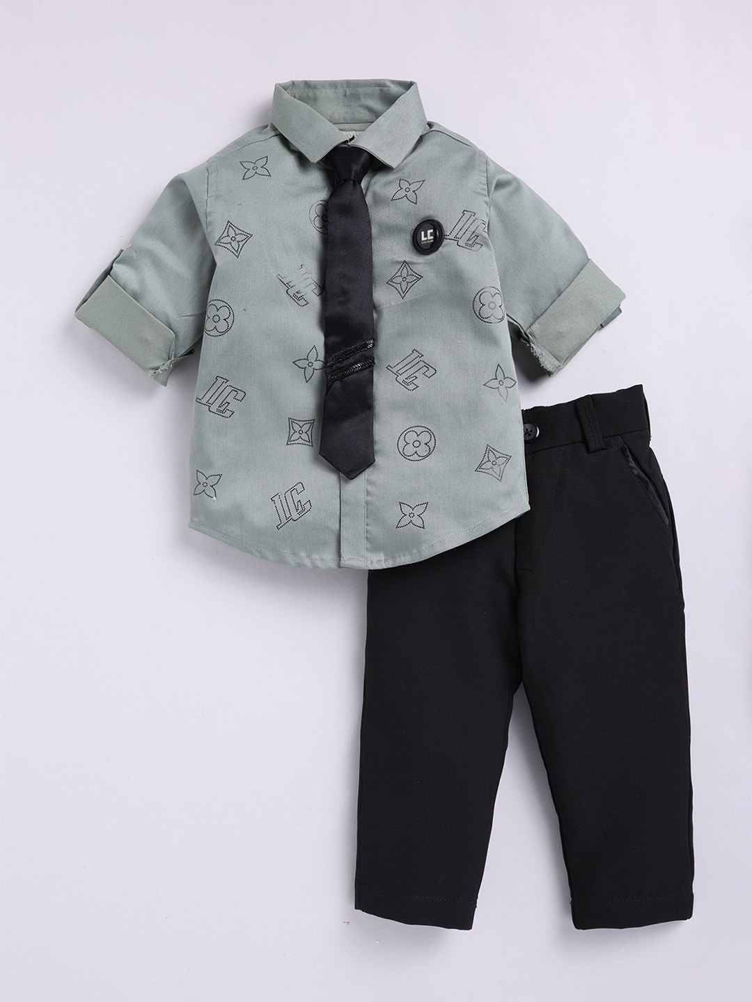 

LITTLE COLLARS Boys Printed Shirt With Trousers, Green