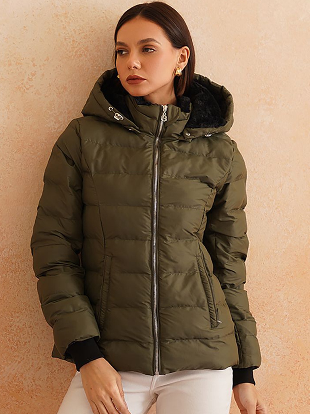 

Beatnik Women Hooded Solid Casual Puffer Jacket, Green