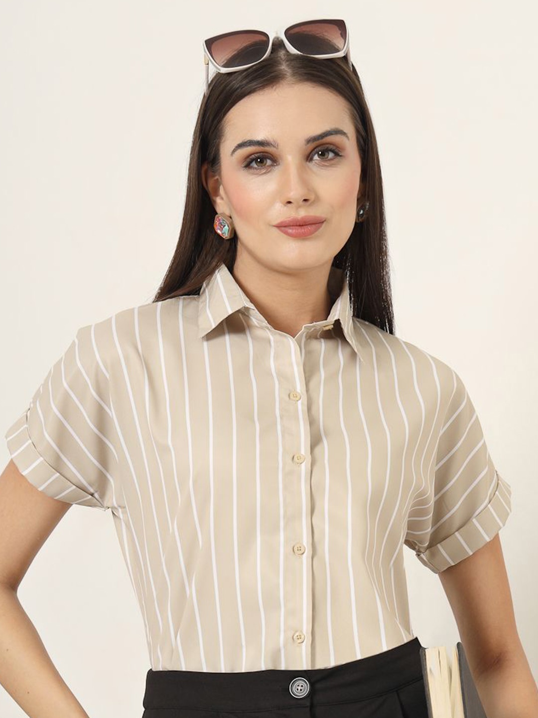 

Style Quotient Women Smart Opaque Striped Formal Shirt, Beige