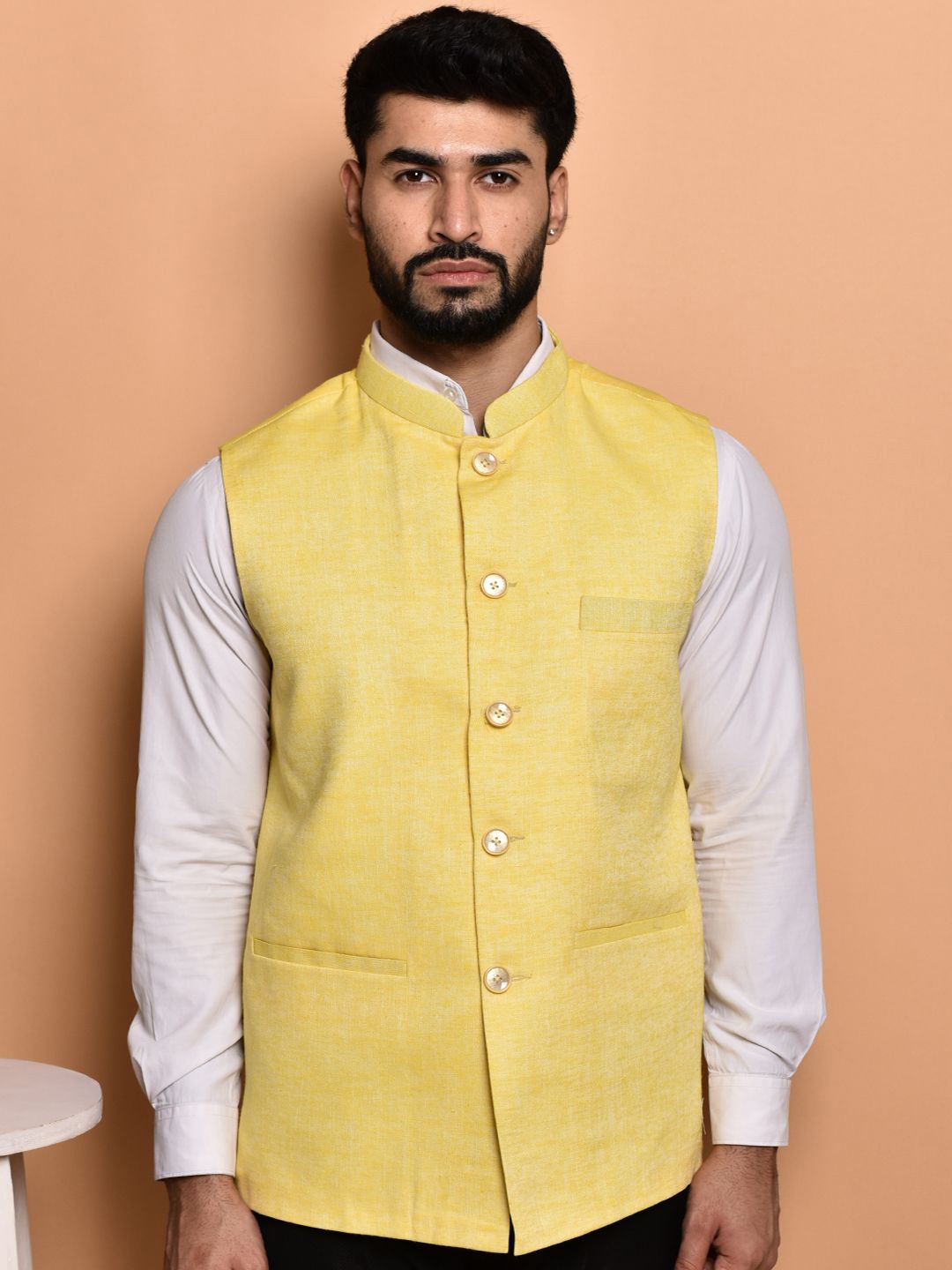 

PRINTINDIA Men Mandarin Collar Woven Nehru Jackets, Yellow