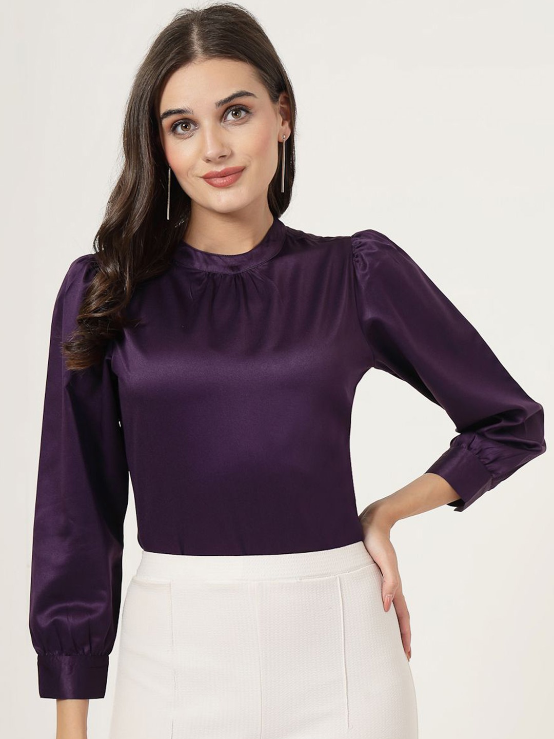

Style Quotient Mandarin Collar Puff Sleeve Satin Top, Purple