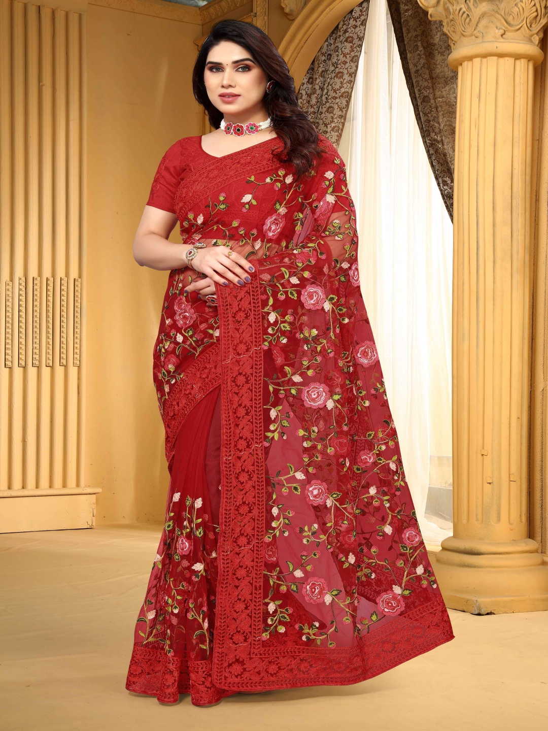 

A.V.M Prints Floral Embroidered Art Silk Heavy Work Maheshwari Saree, Red