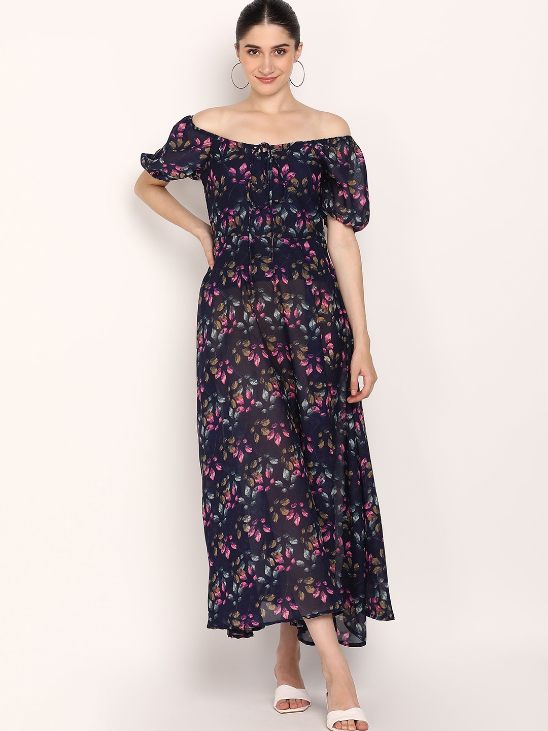 

DODO & MOA Floral Print Off-Shoulder Puff Sleeve Georgette Maxi Dress, Black