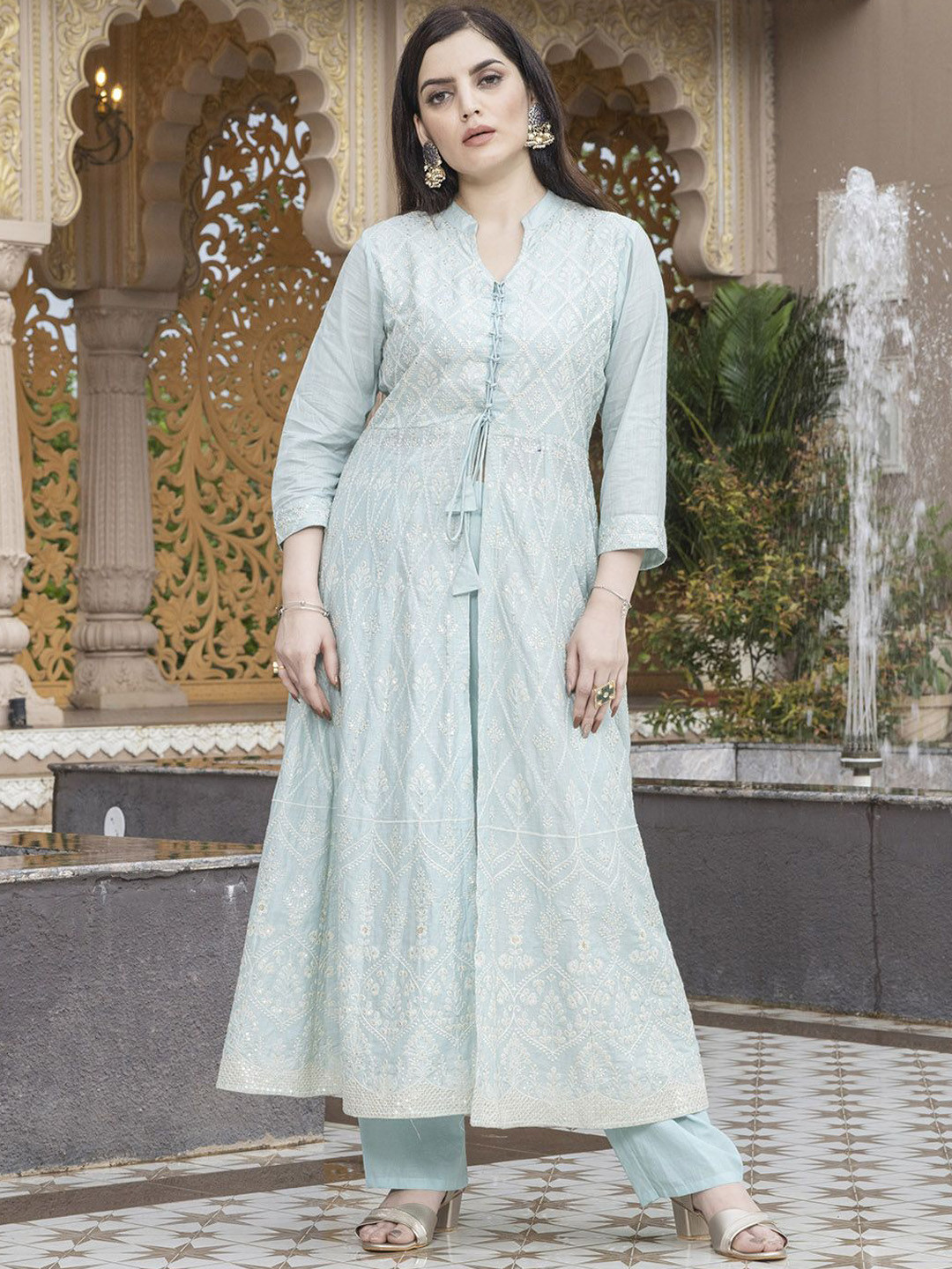 

Krimmple Floral Embroidered Regular Sequinned Pure Cotton A-Line Kurta with Trousers, Blue