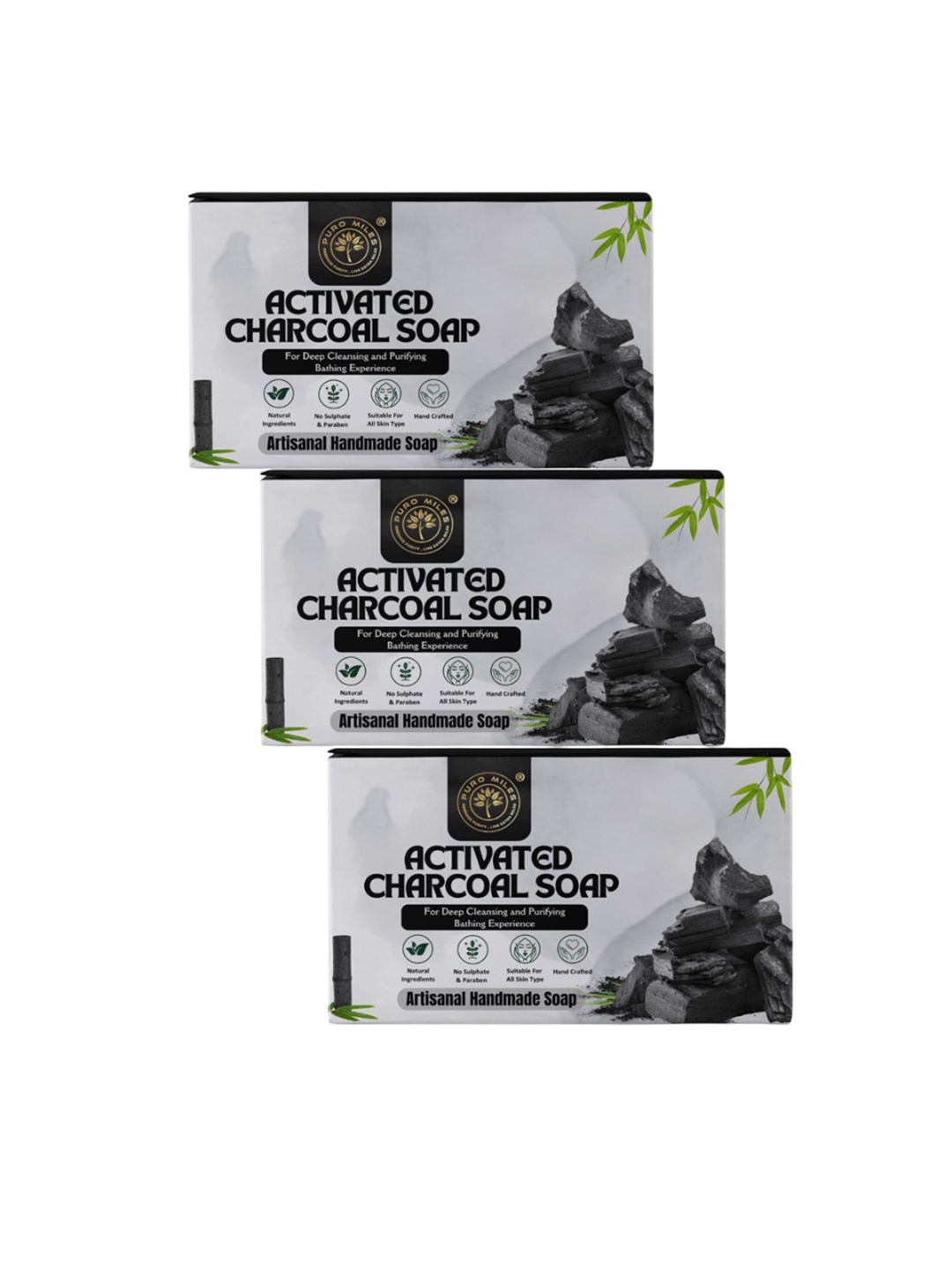 

Puro Miles Set of 3 Activated Charcoal Soap - 100 g, Black