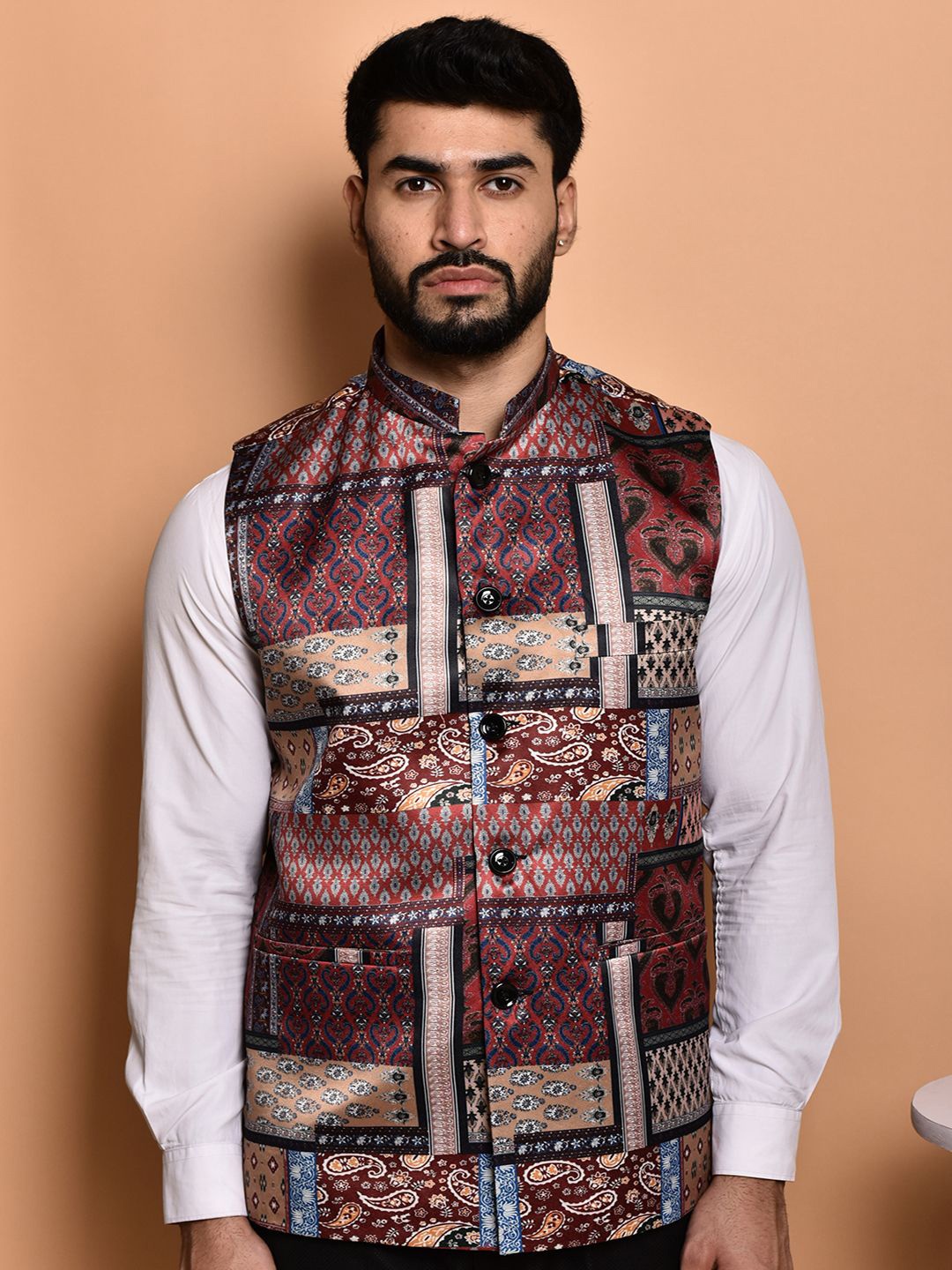 

PRINTINDIA Men Printed Mandarin Collar Nehru Jacket, Maroon