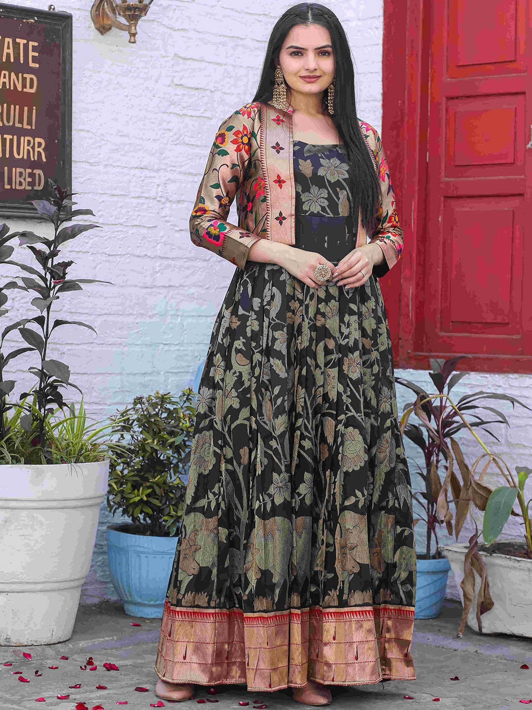 

DEVATITHI Printed Woven Gown Maxi Ethnic Dress With Jacket, Black