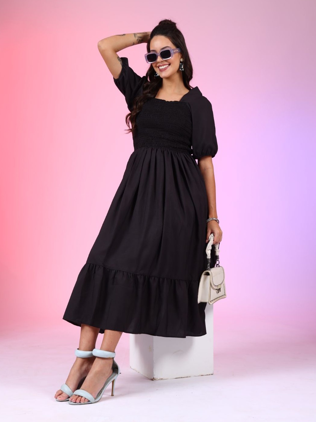 

Femvy Crepe Fit & Flare Dress, Black
