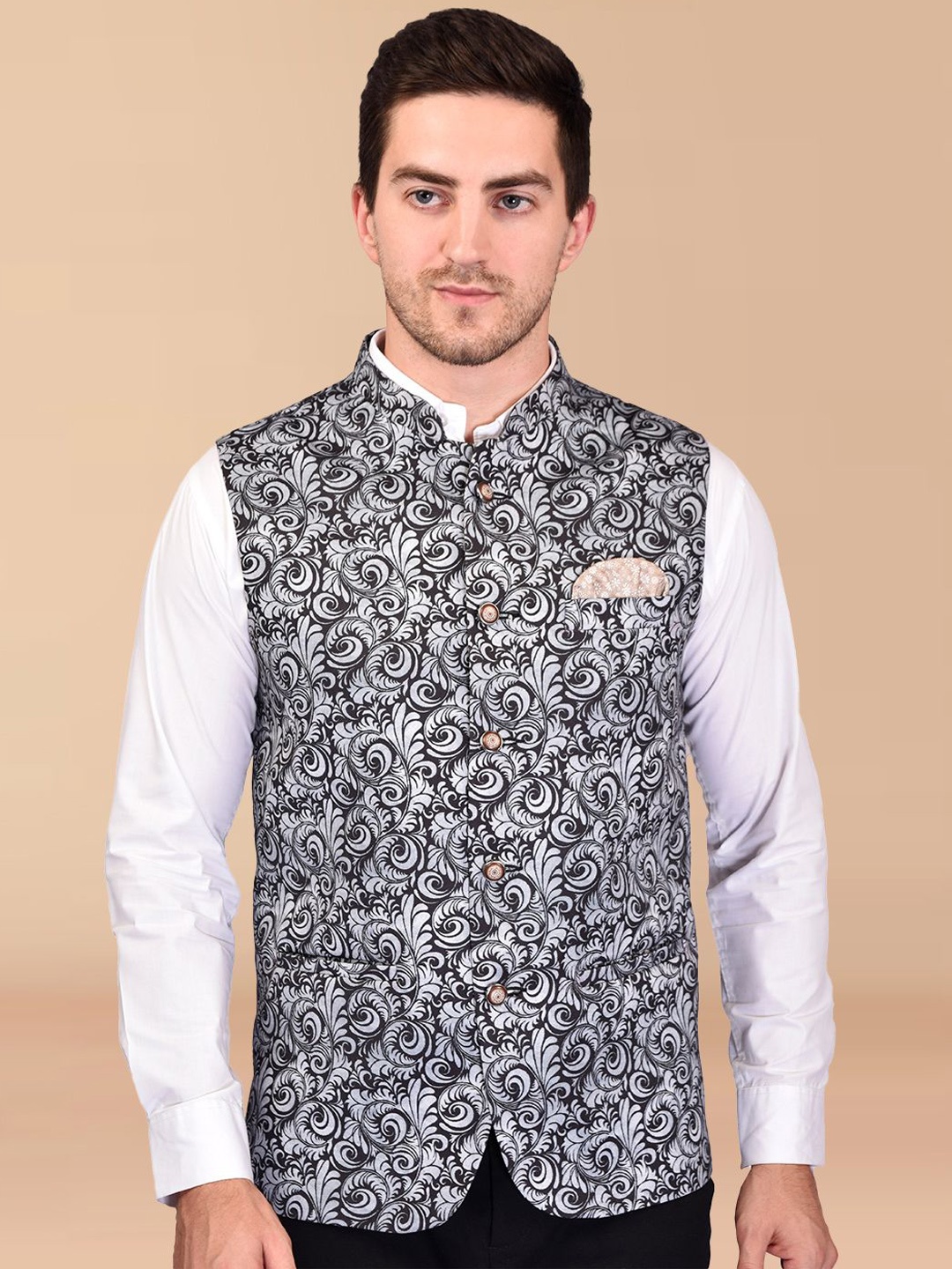 

PRINTINDIA Men Printed Woven Nehru Jacket, Black