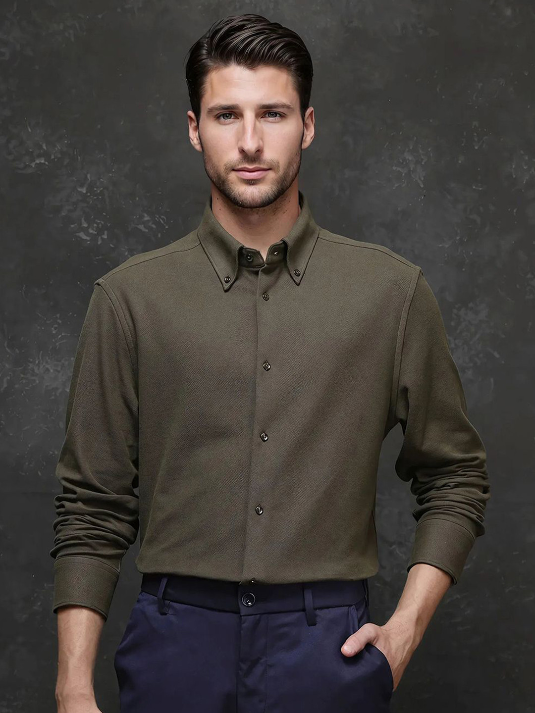 

RARE RABBIT Men Comfort Button-Down Collar Textured Solid Cotton Casual Shirt, Olive