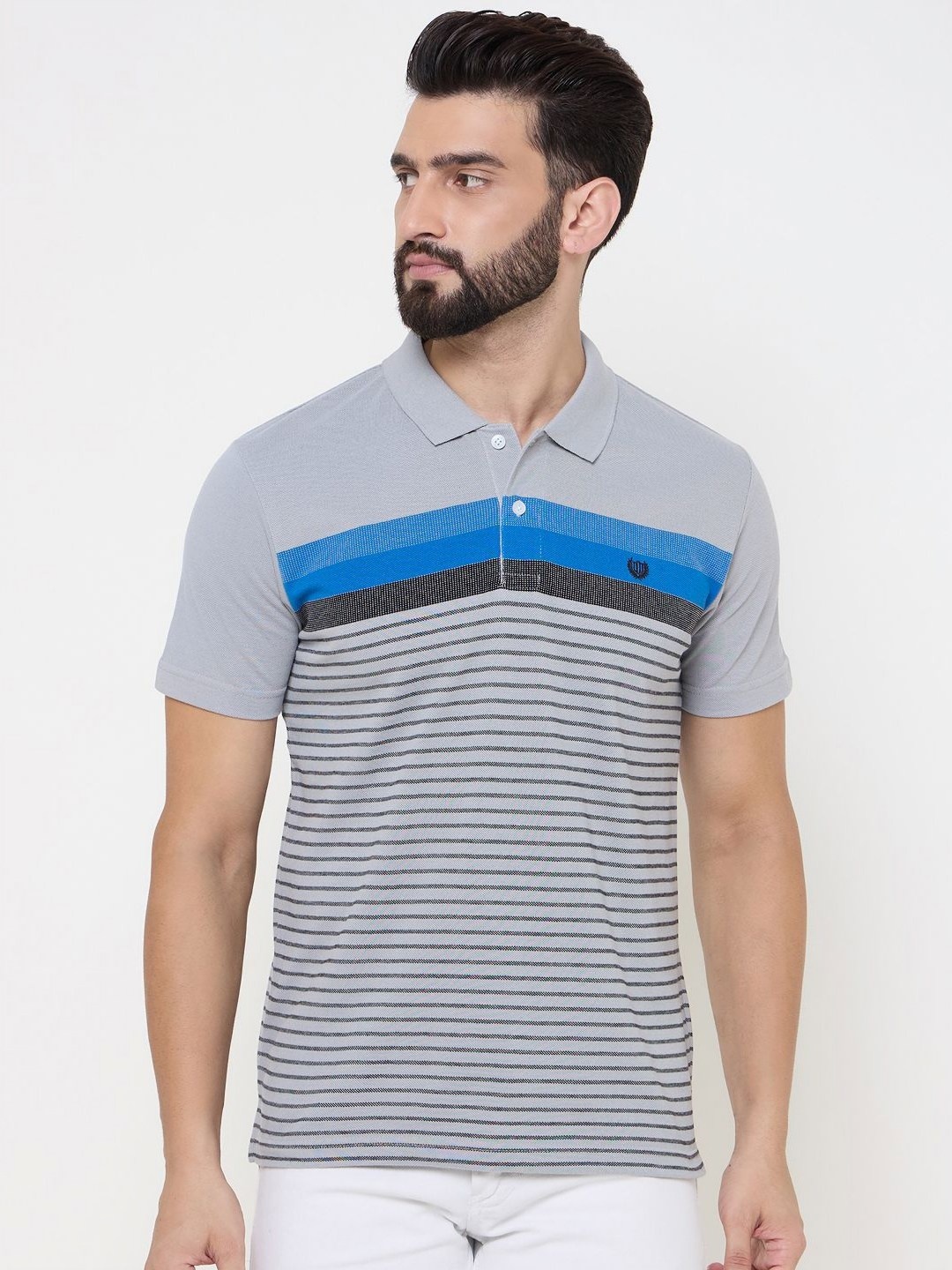 

Duke Men Striped Polo Collar Cotton T-shirt, Grey