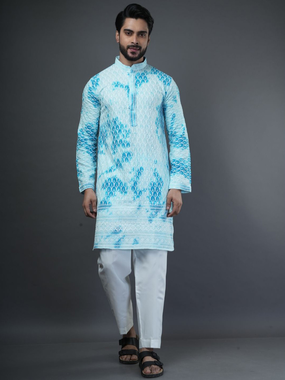 

ARYA Men Ethnic Motifs Embroidered Regular Thread Work Kurta with Pyjamas, Blue