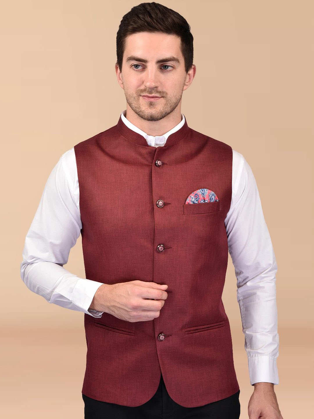 

PRINTINDIA Men Mandarin Collar Nehru Jacket, Maroon