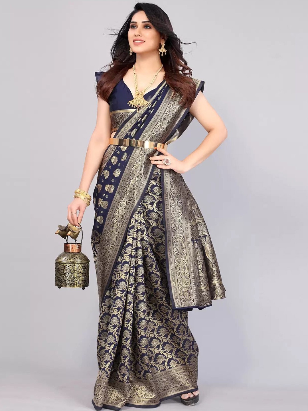 

KALINI Woven Design Zari Silk Blend Kanjeevaram Saree, Navy blue