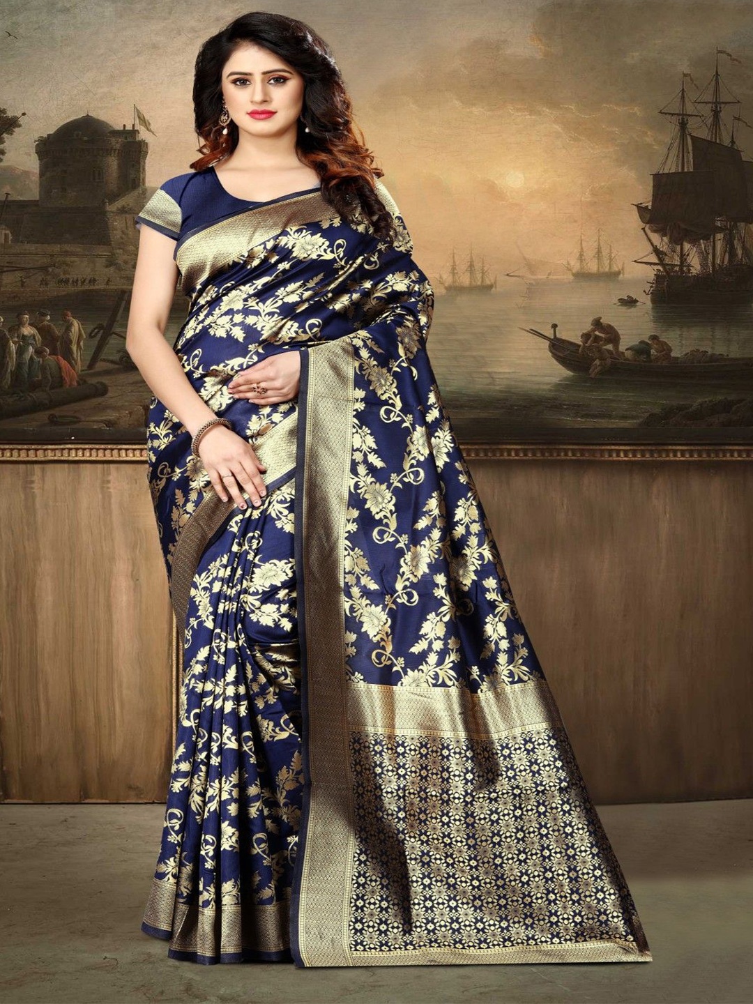 

KALINI Woven Design Zari Silk Blend Kanjeevaram Saree, Navy blue