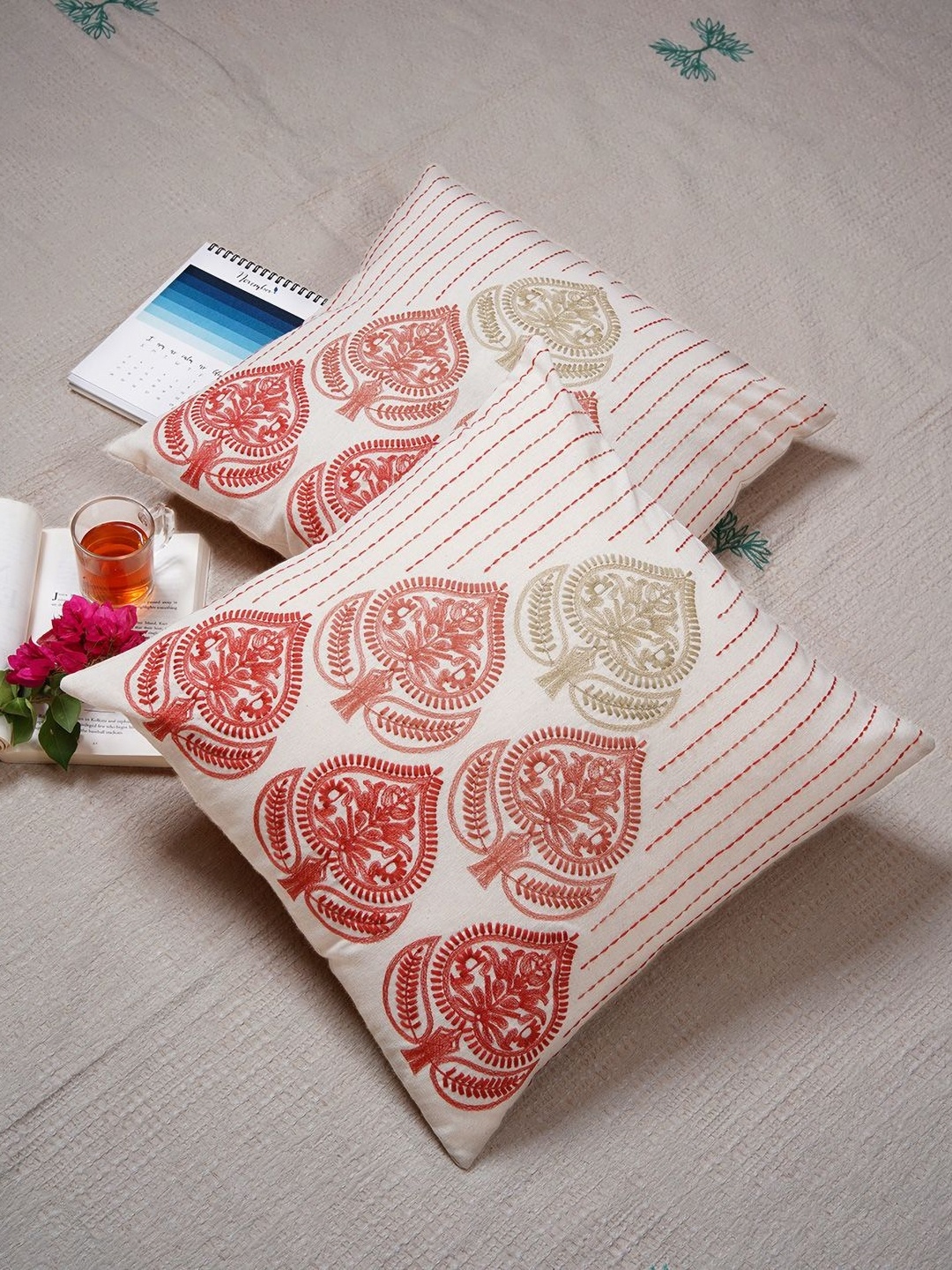 

Ratan Cart Red & Peach-Coloured 2 Pieces Ethnic Motifs Pure Cotton Square Cushion Covers