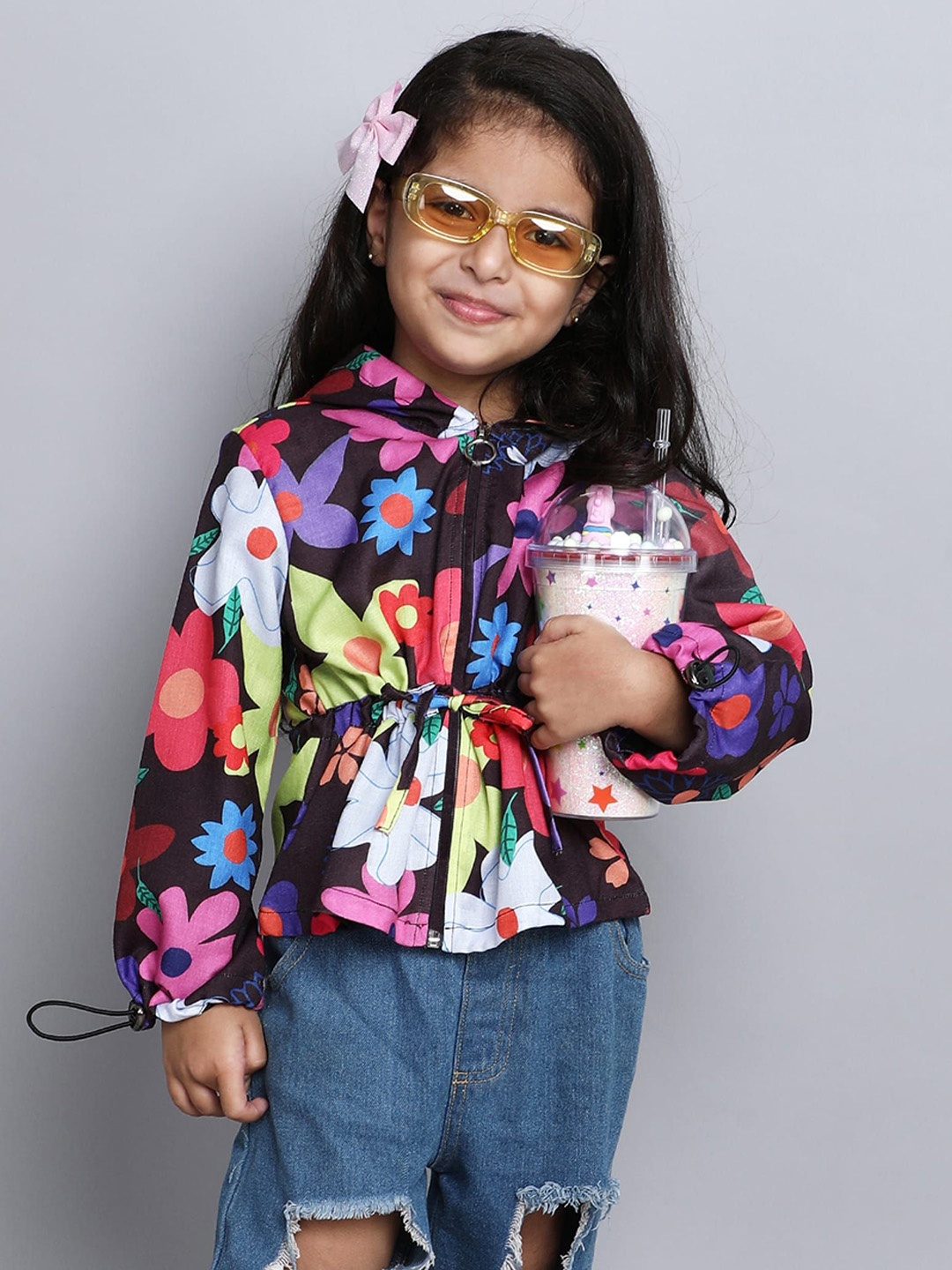 

taffykids Girls Floral Polyester Crop Open Front Jacket with Embroidered, Multi