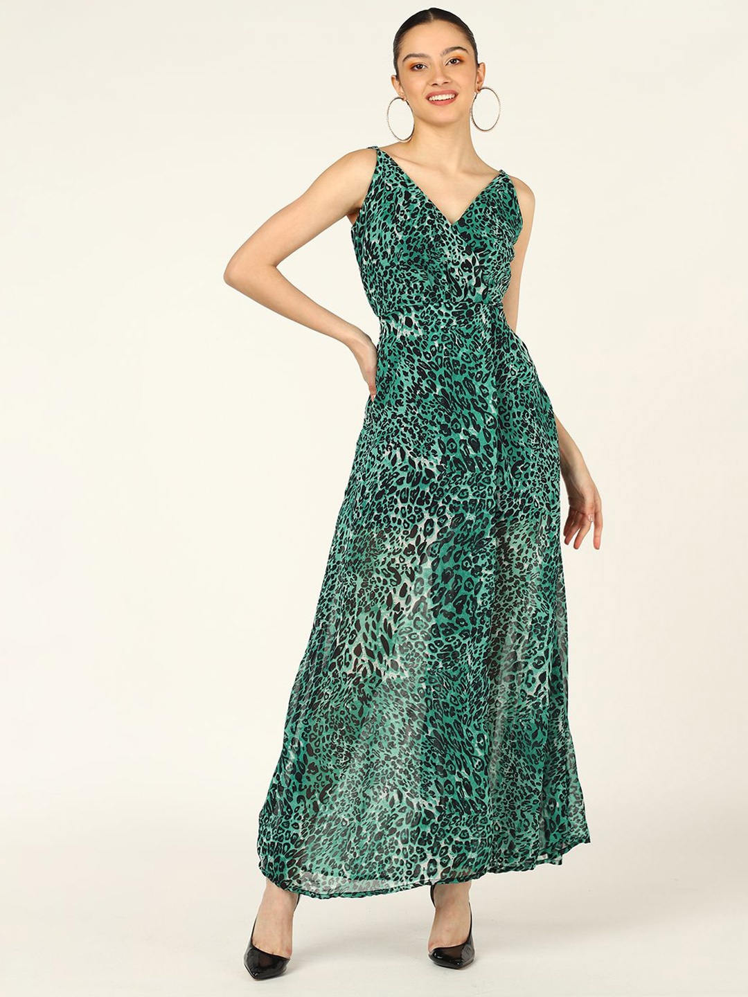 

DODO & MOA Animal Print Georgette Maxi Dress, Green