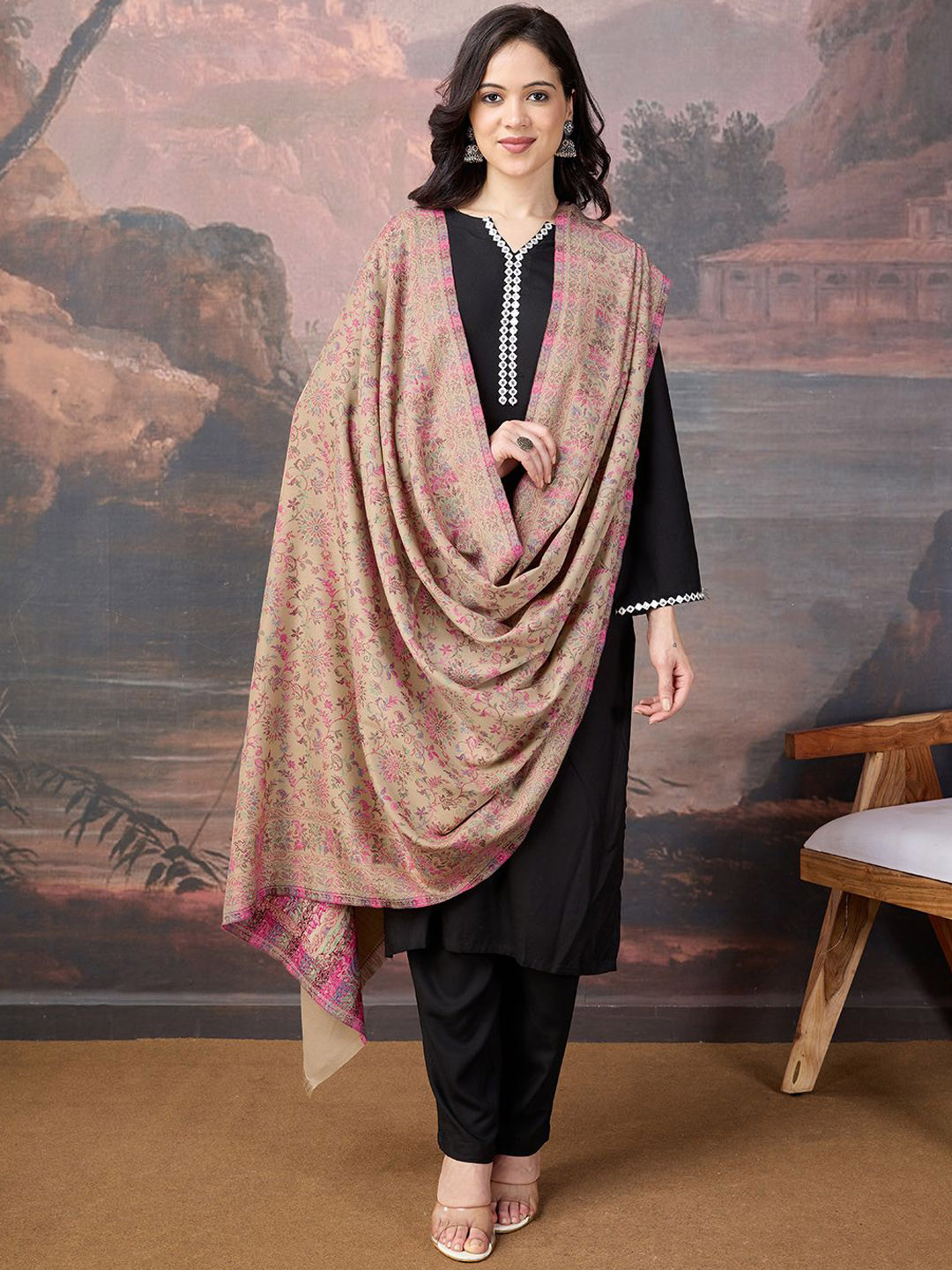

House of Pataudi Women Floral Woven Design Shawl, Beige