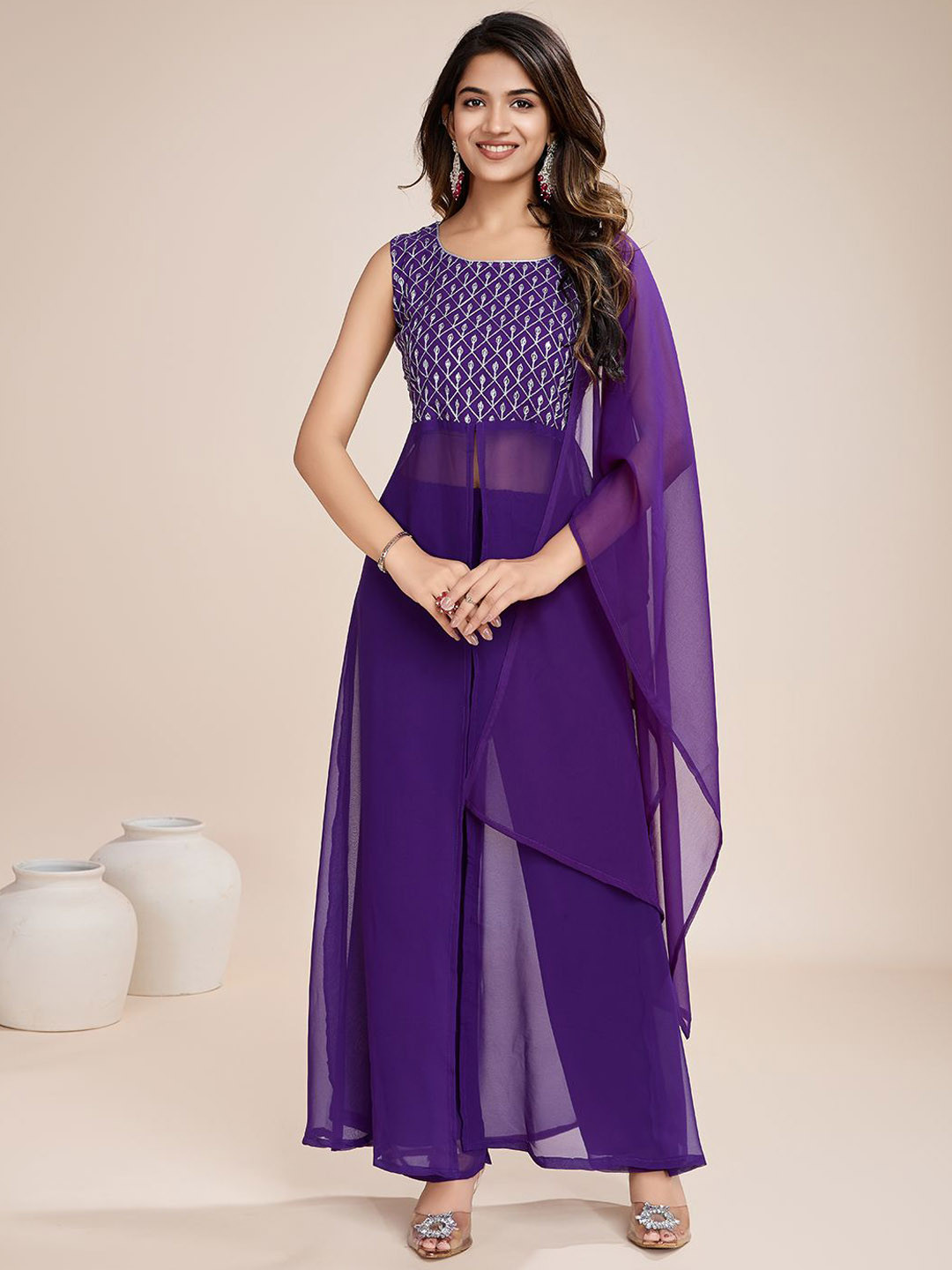 

AKSHARAM Women Floral Embroidered Regular Sequinned Kurta with Trousers & With Dupatta, Purple