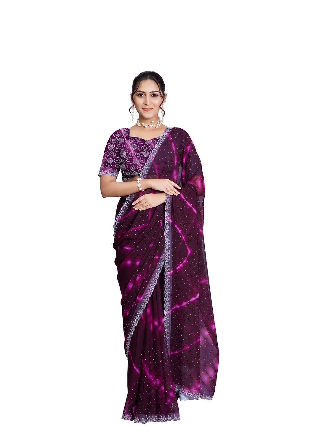 

A.V.M Prints Tie and Dye Sequinned Pure Georgette Saree, Purple