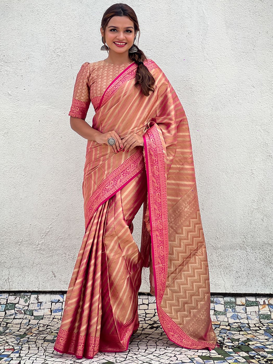 

Mitera Striped Zari Silk Blend Banarasi Saree, Pink