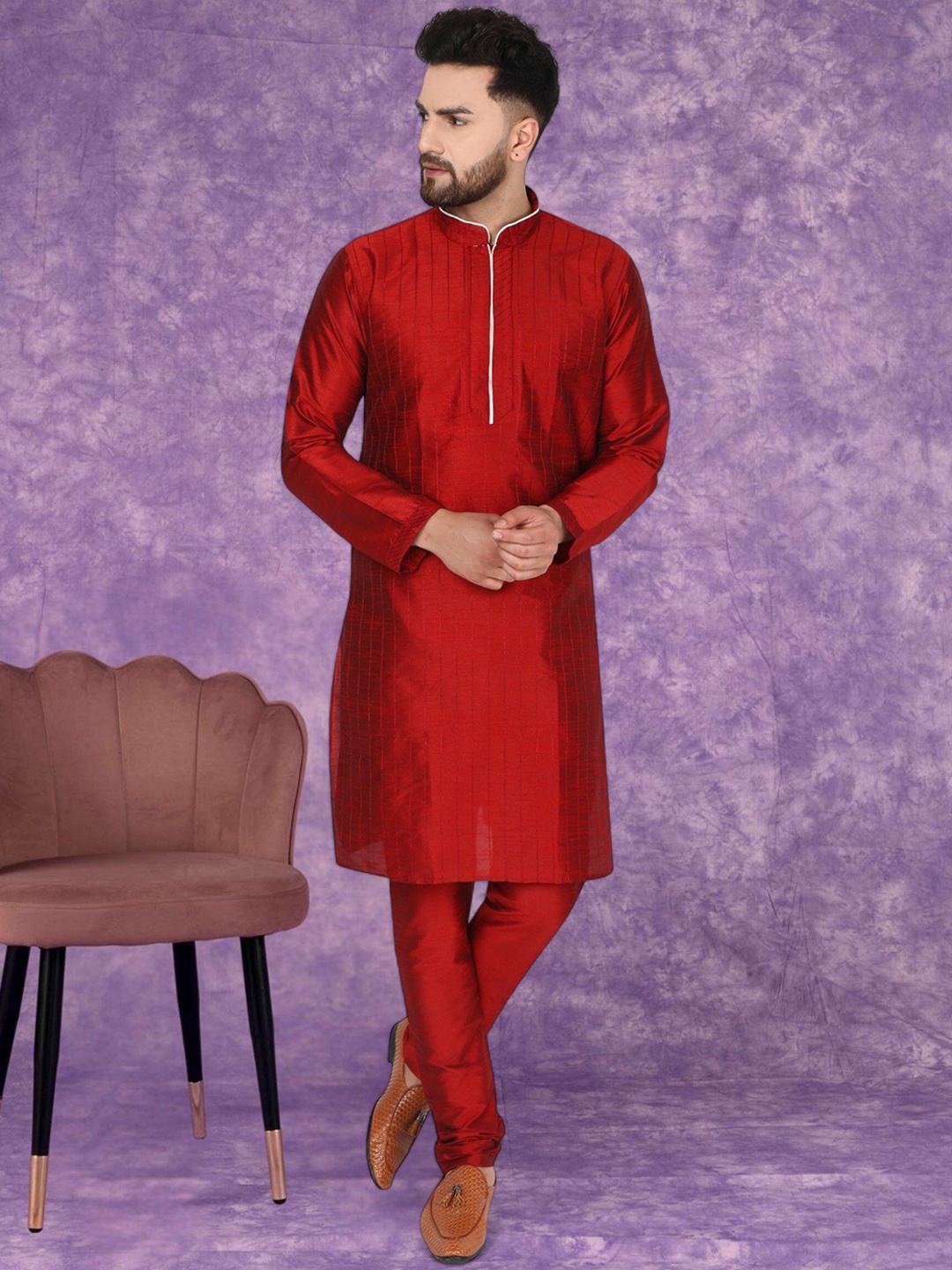 

SKAVIJ Striped Self Design Mandarin Collar Long Sleeves Regular Kurta With Churidar, Red