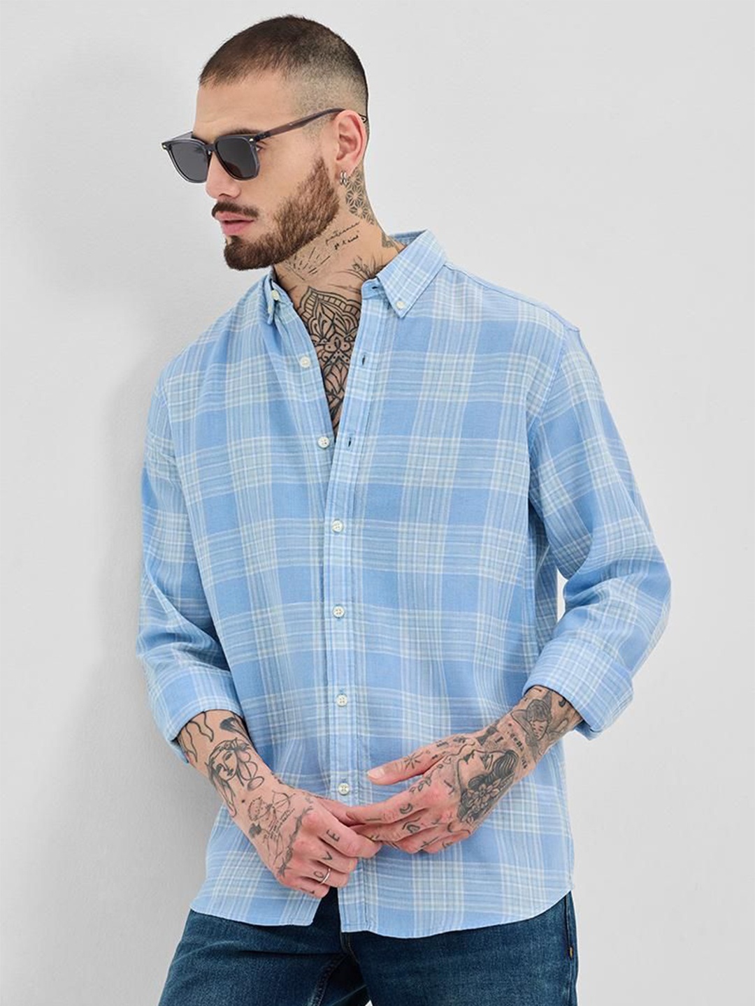 

Snitch Men Smart Slim Fit Opaque Checked Casual Shirt, Blue