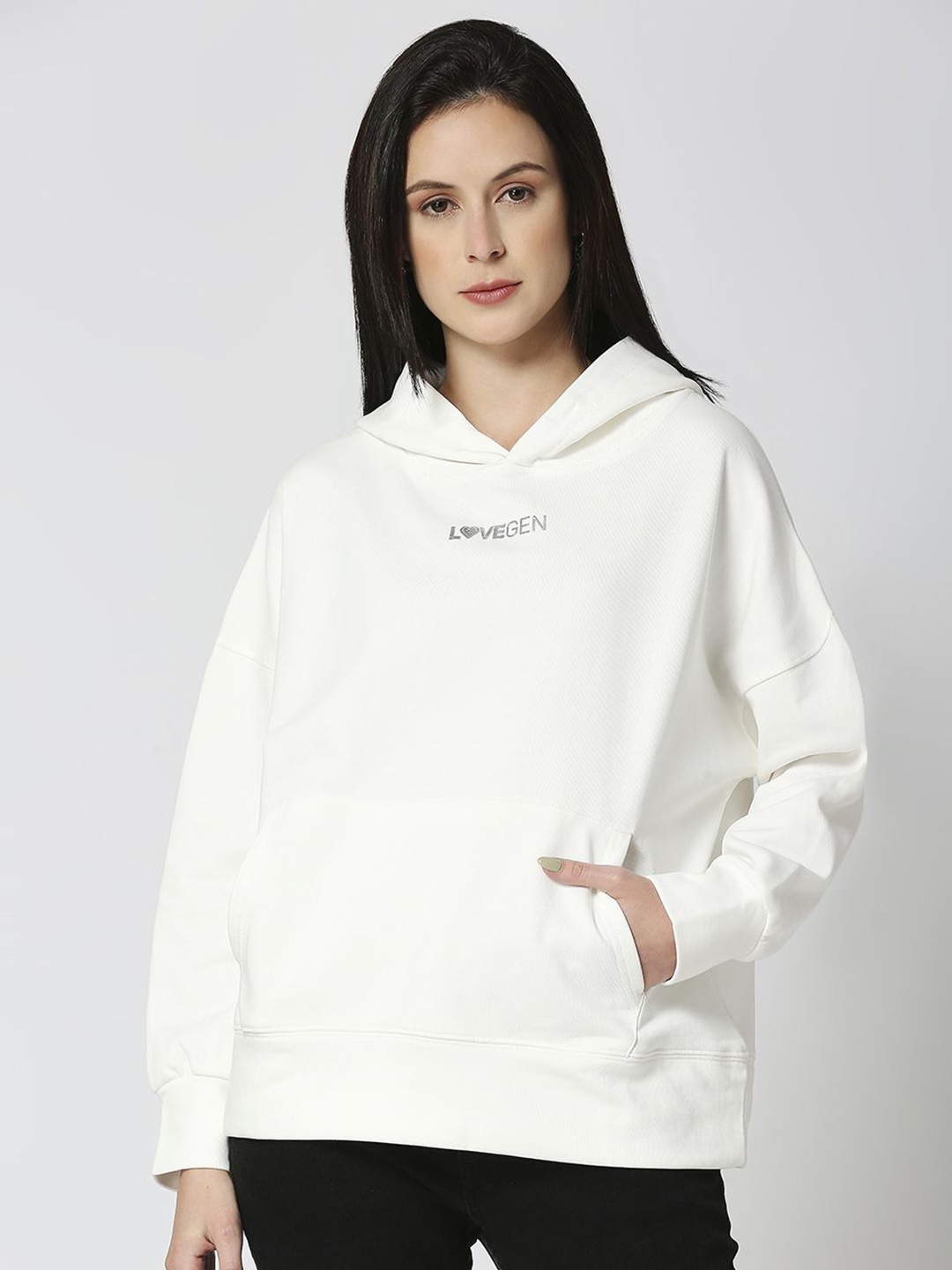 

LOVEGEN Women Printed Hooded Cotton Sweatshirt, White