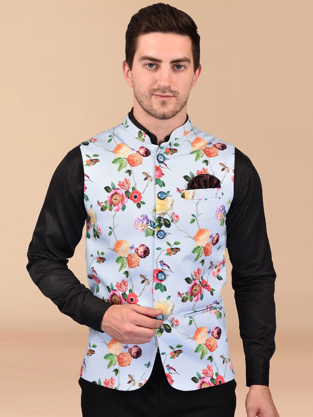 

PRINTINDIA Floral Printed Nehru Jacket, Blue