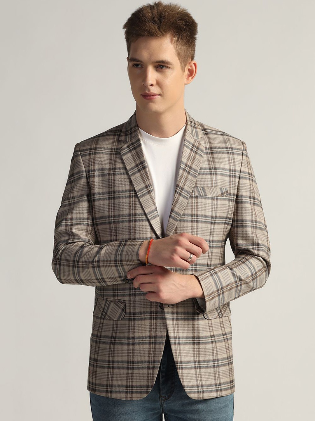

TAHVO Checked Checked Single-Breasted Formal Blazer, Beige