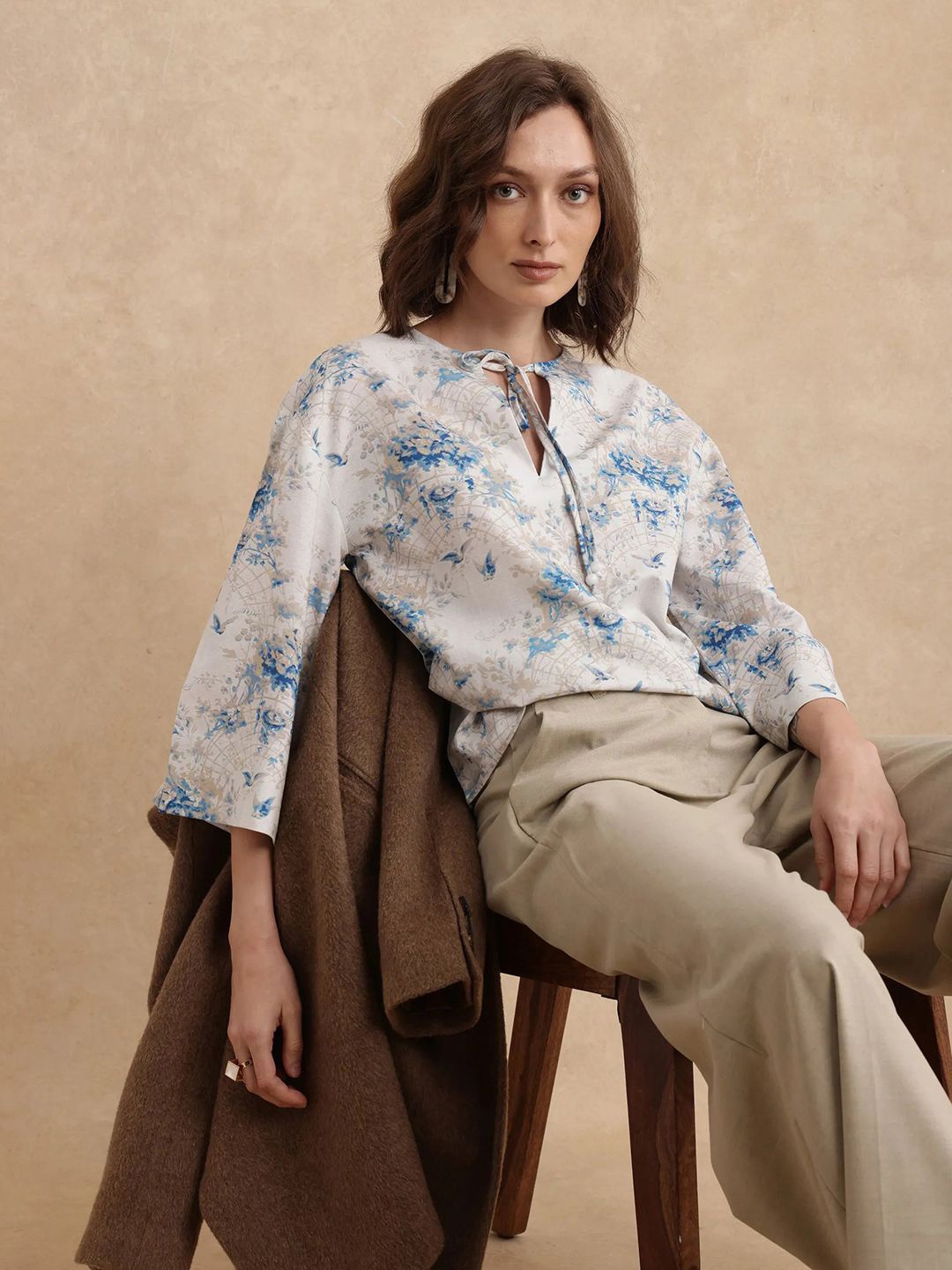 

RAREISM Floral Print Tie-Up Neck Top, Blue