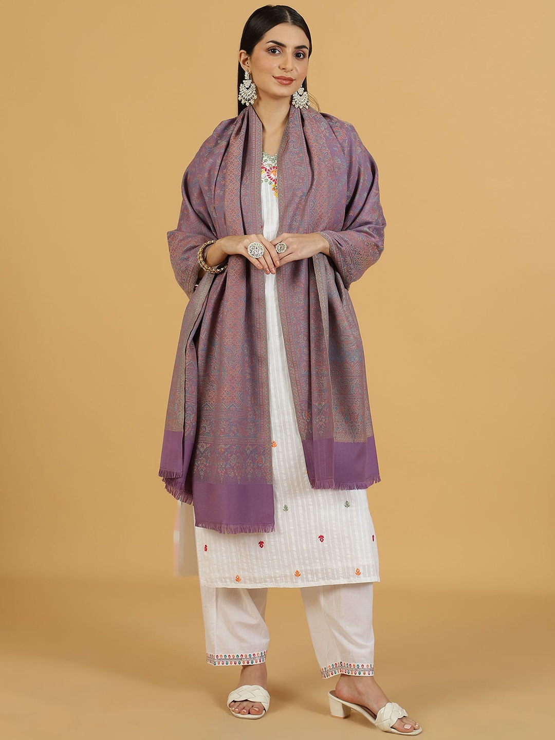 

La Vastraa Woven Design Fringed Shawl, Purple