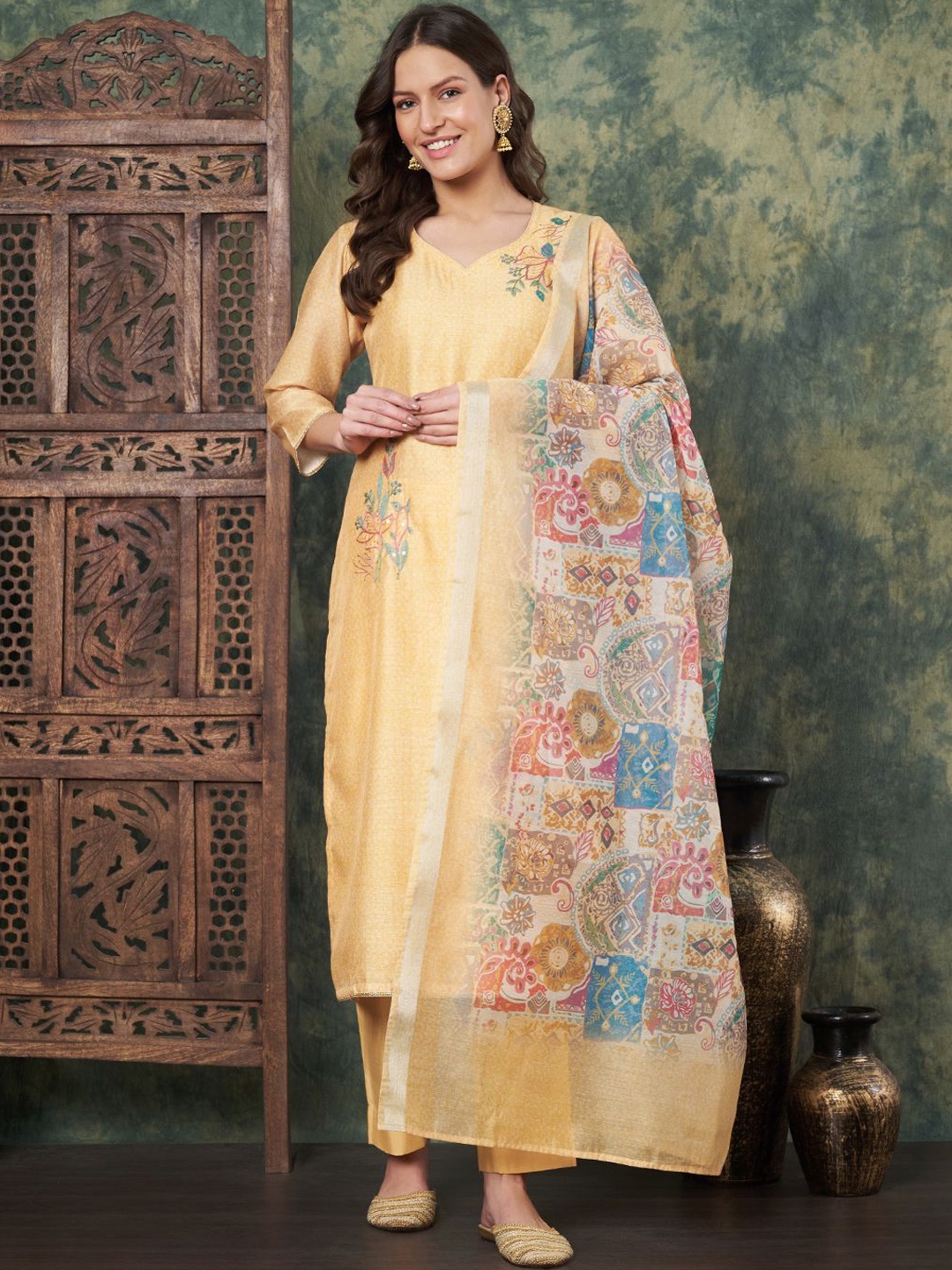

all about you Women Floral Embroidered Regular Chanderi Cotton Kurta with Trousers & With Dupatta, Yellow