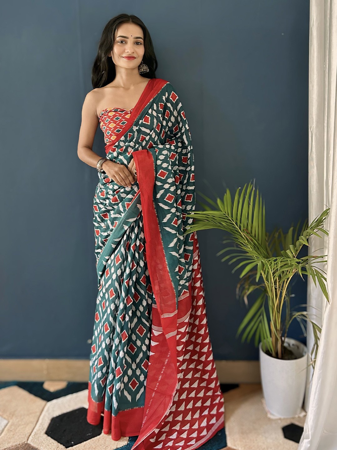 

HERE&NOW Printed Pure Cotton Bagru Saree, Blue