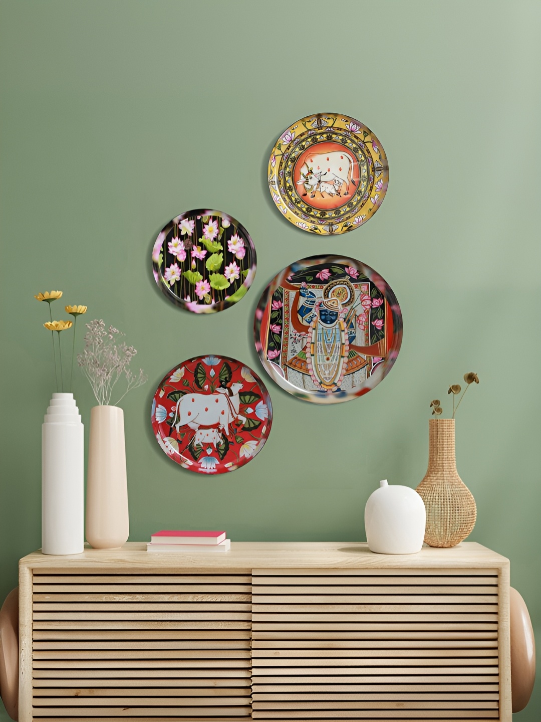 

Homspurts Divine Reflections Red & Blue 4 Pieces Lord Krishna & Floral Printed Wall Arts