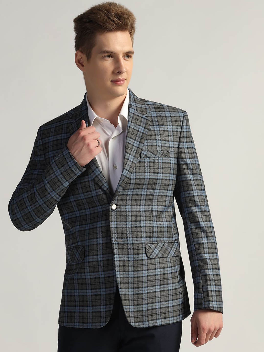 

TAHVO Checked Single-Breasted Blazer, Blue