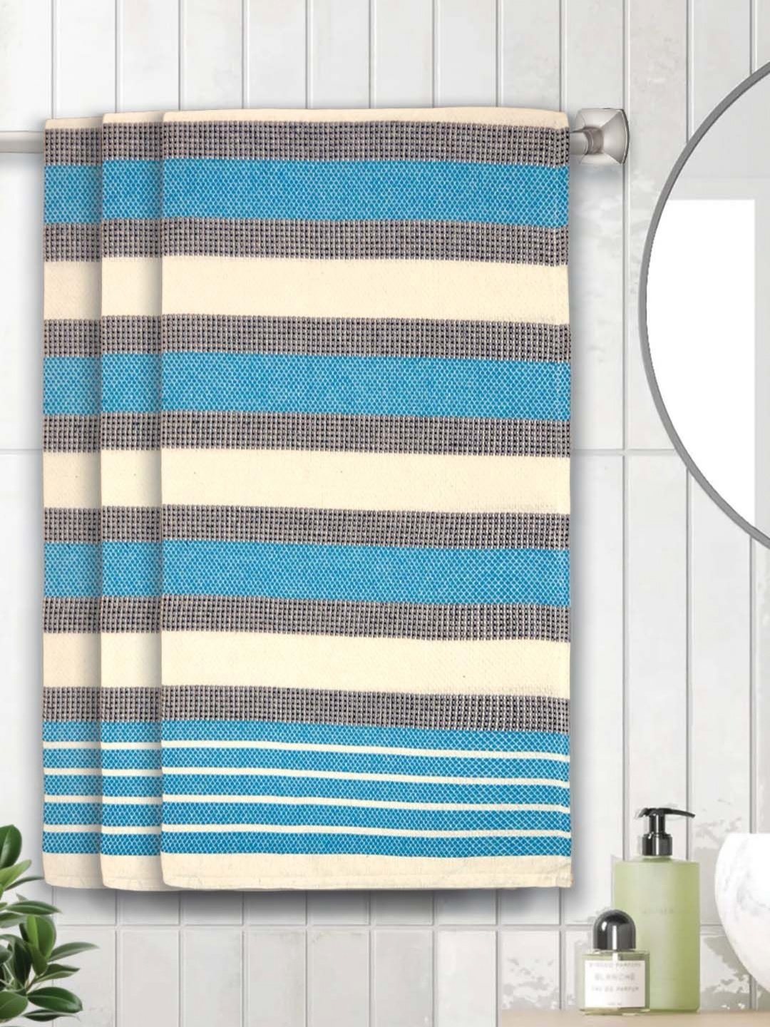 

Athom Living Blue & Beige 3 Pieces Striped Cotton 210 GSM Bath Towel