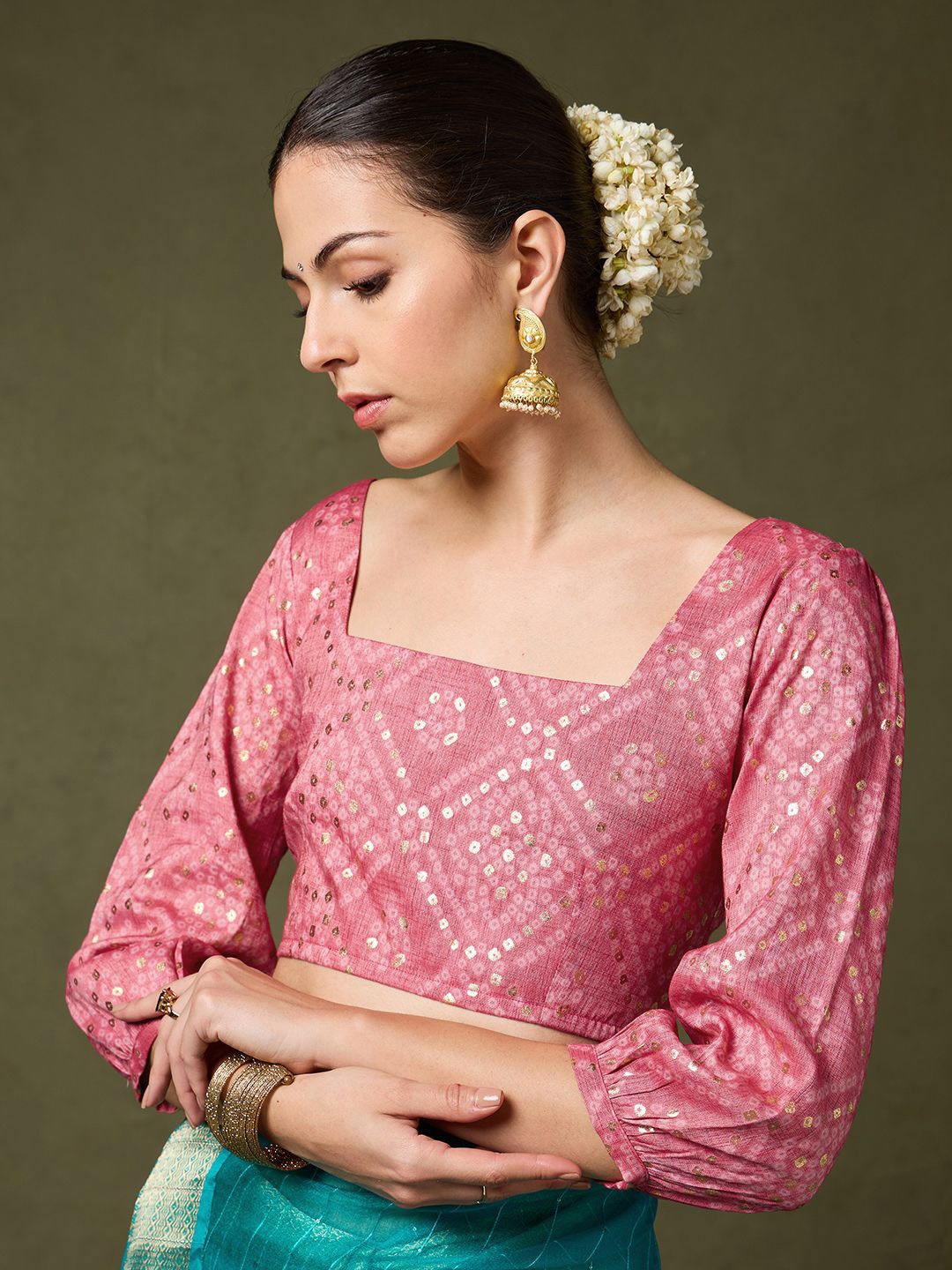 

Saaki Printed Square Neck Three-Quarter Sleeves Saree Blouse, Pink