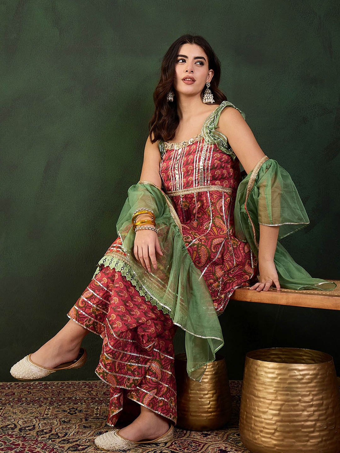 

Sangria Printed Pure Cotton Kurta & Sharara With Dupatta, Red