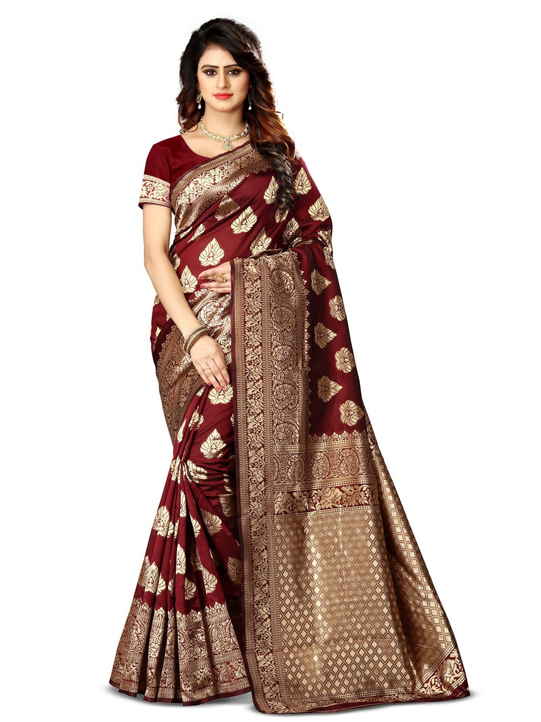 

KALINI Woven Design Silk Blend Designer Kanjeevaram Saree, Maroon