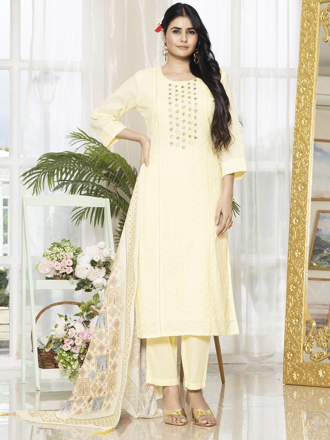 

Krimmple Floral Embroidered Pure Cotton Chikankari Straight Kurti With Trousers & Dupatta, Cream