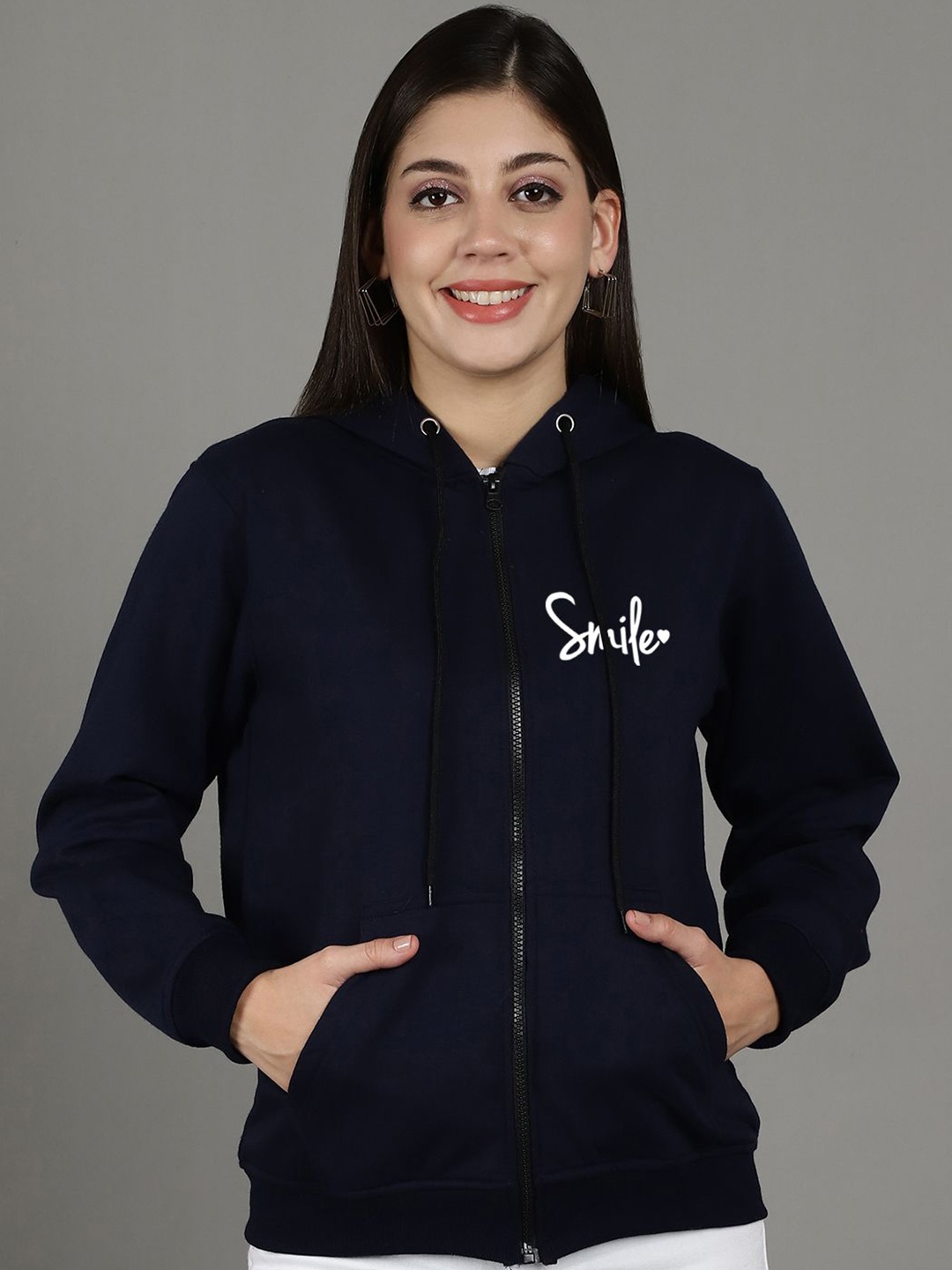 

Jinfo Women Printed Hooded Sweatshirt, Navy blue