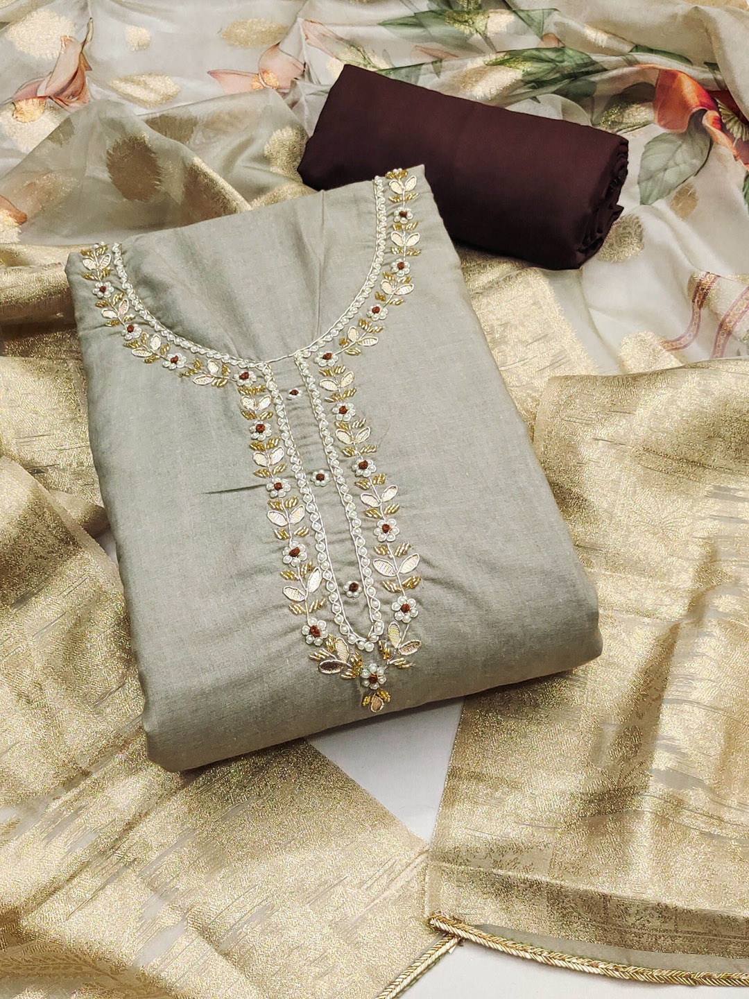 

Maroosh Embellished Unstitched Dress Material, Grey