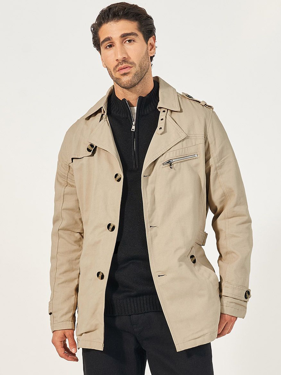 

Styli Men Belted Trench Coat with Chunky Buttons with Slip Pockets, Khaki