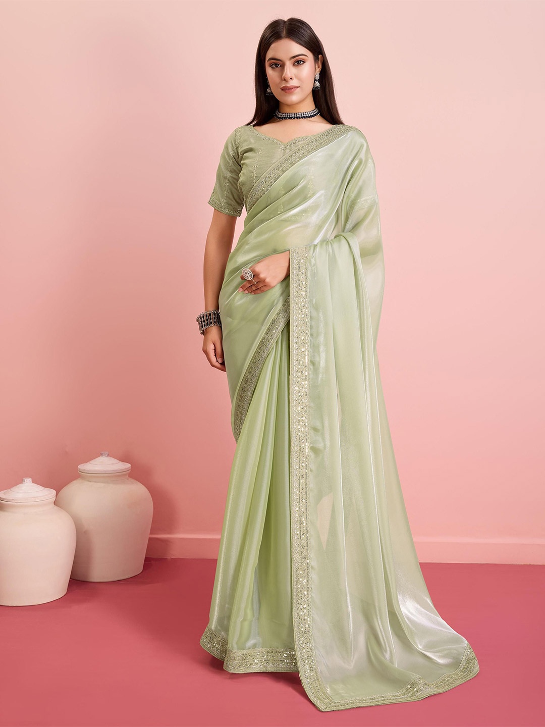 

HERE&NOW Embroidered Saree With Blouse Piece, Olive