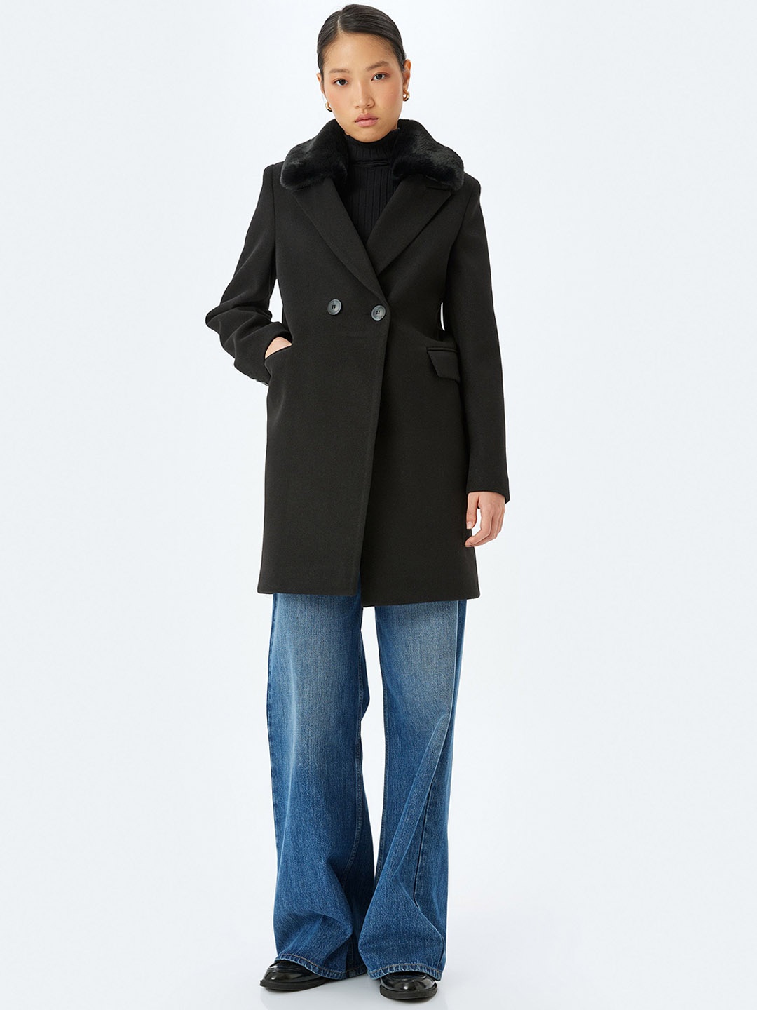 

Koton Notched Lapel Collar Hip Length Coat, Black