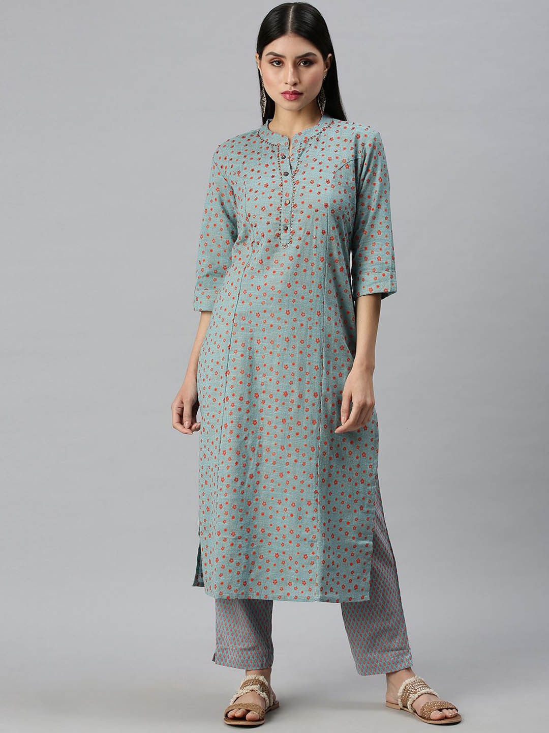 

SHOWOFF Women Floral Printed Regular Kurta with Trousers, Teal